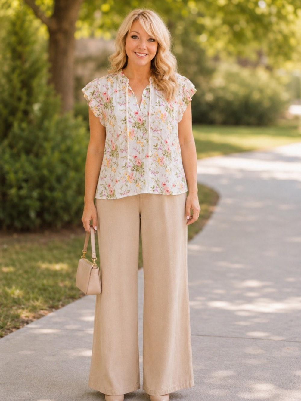 Floral Tie-Neck Flutter Sleeve Blouse in White and Pink NEW
